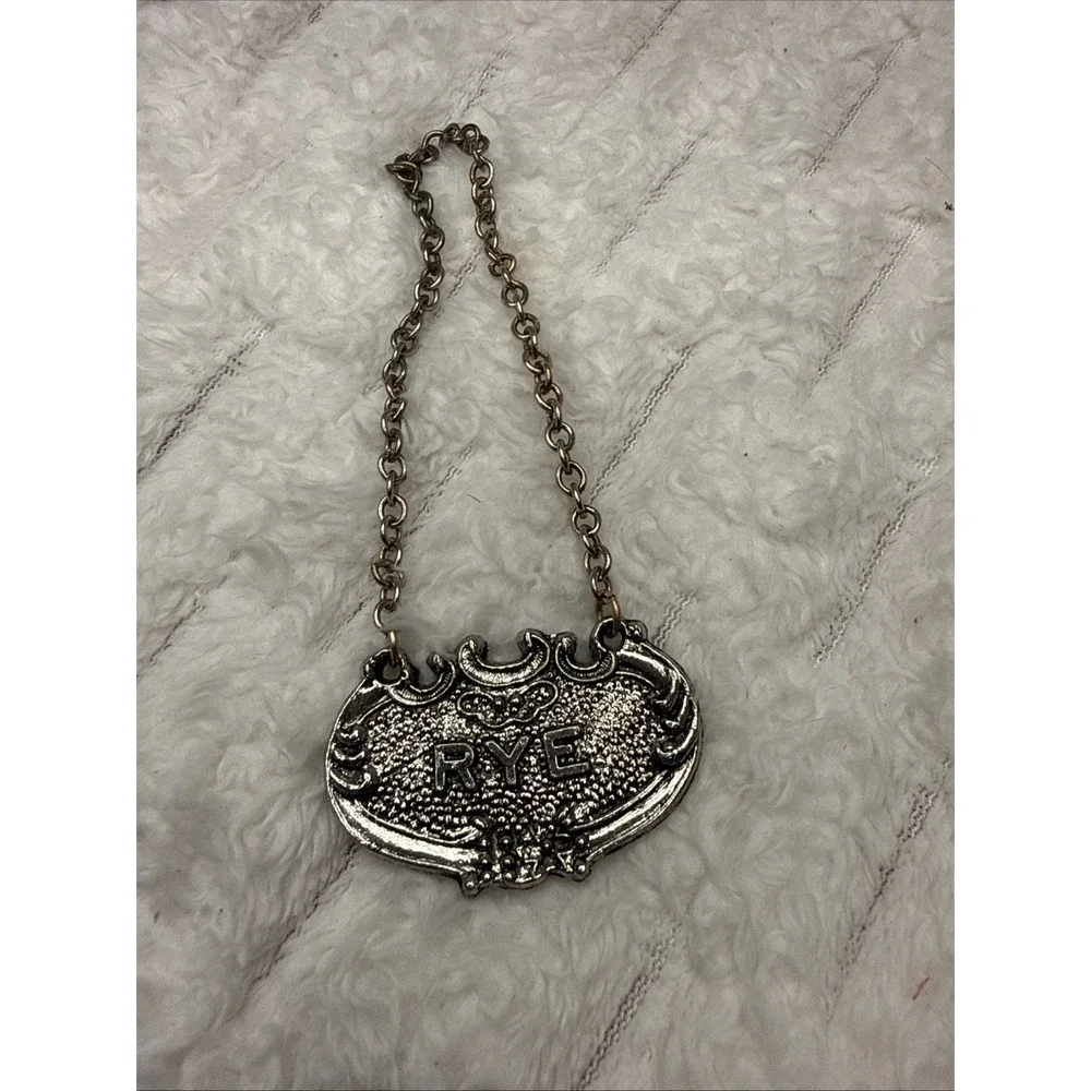 Vintage White Metal BOURBON / RYE Decanter Tag Label Silver Chain Reversible EUC